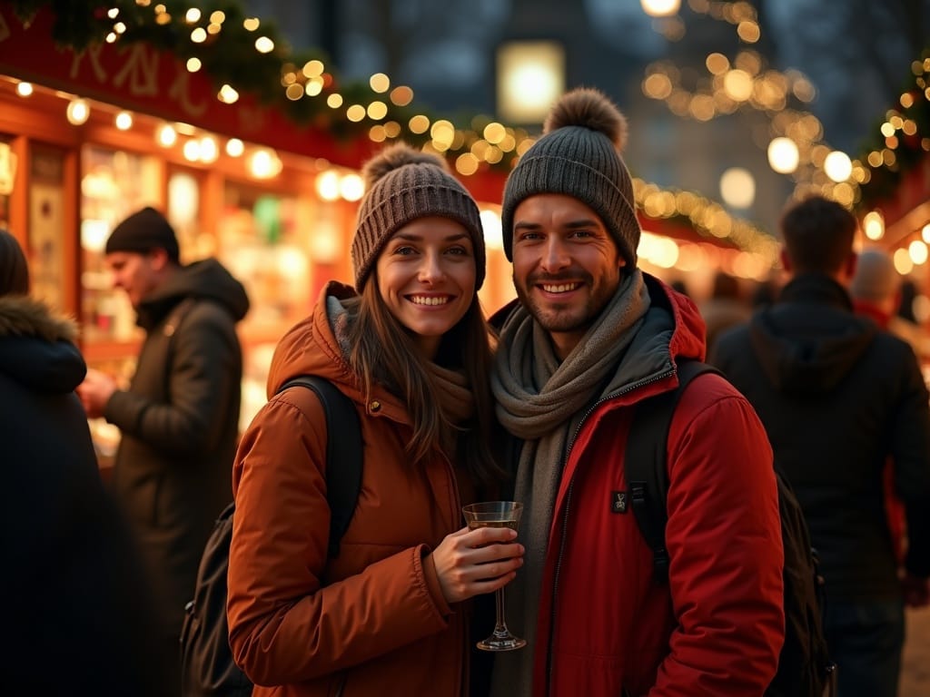 Familia disfrutando de un mercado navideño del Reino Unido con luces festivas al anochecer