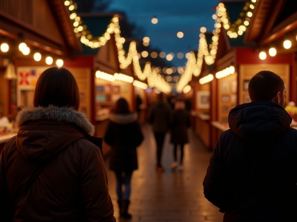 Familia paseando por mercado navideño en Reino Unido con luces festivas