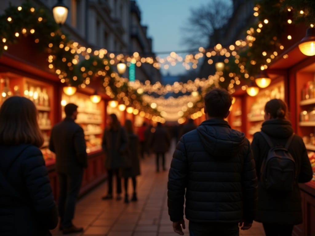 Familia española paseando por mercado navideño en Reino Unido con luces festivas por la tarde