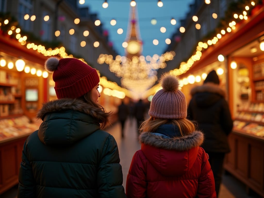 Familia española disfrutando de un mercado navideño en Reino Unido con luces festivas nocturnas