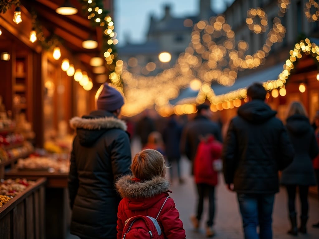 Familia española disfruta de un mercado navideño en Reino Unido con luces festivas
