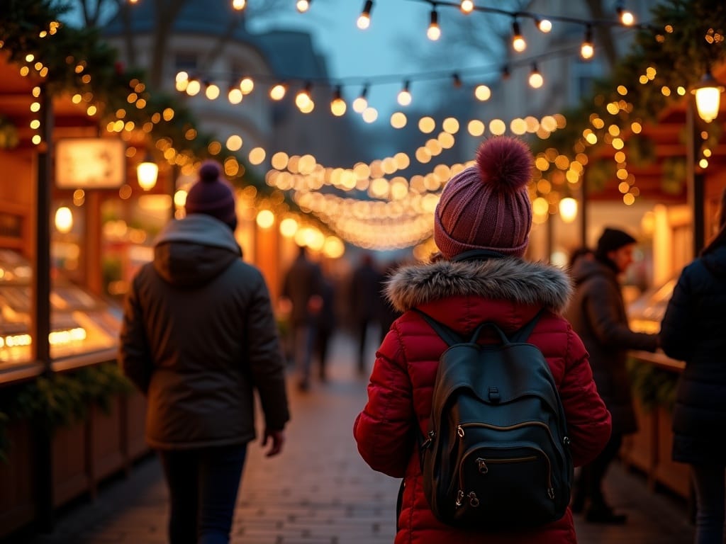 Familia disfrutando del mercado navideño en Londres rodeada de luces festivas