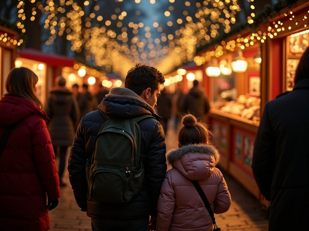 Familia en mercado navideño del Reino Unido disfrutando luces y ambiente festivo