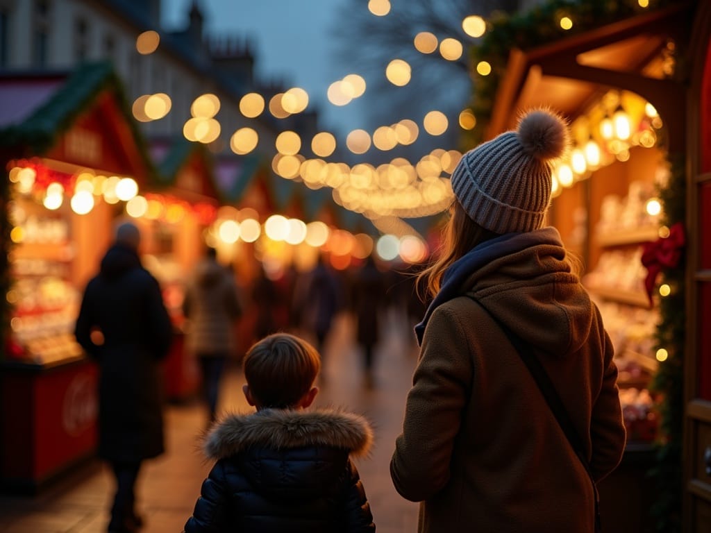 Familia española visita mercado navideño en Reino Unido con luces festivas por la tarde