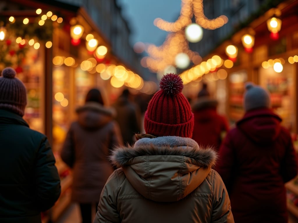 Familia española disfrutando de un mercadillo navideño británico iluminado por luces festivas