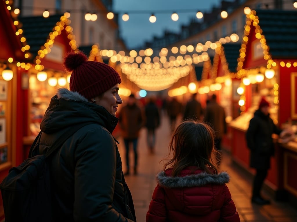 Familia española en un mercadillo navideño del Reino Unido con luces festivas por la tarde