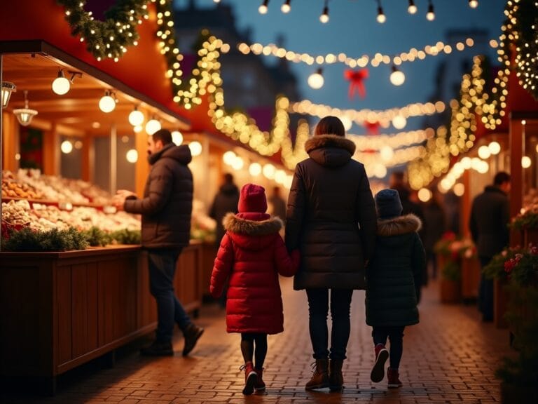 Familia española visita un mercadillo navideño del Reino Unido al anochecer con luces festivas