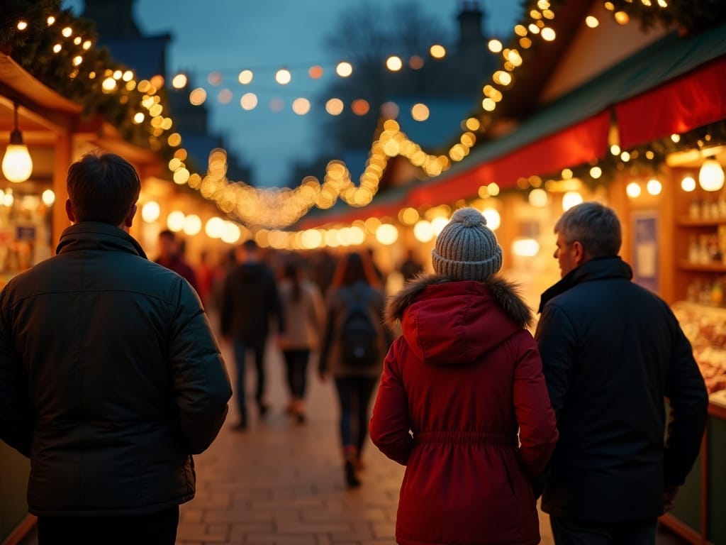 Familia disfrutando de luces festivas en un mercado navideño del Reino Unido por la noche