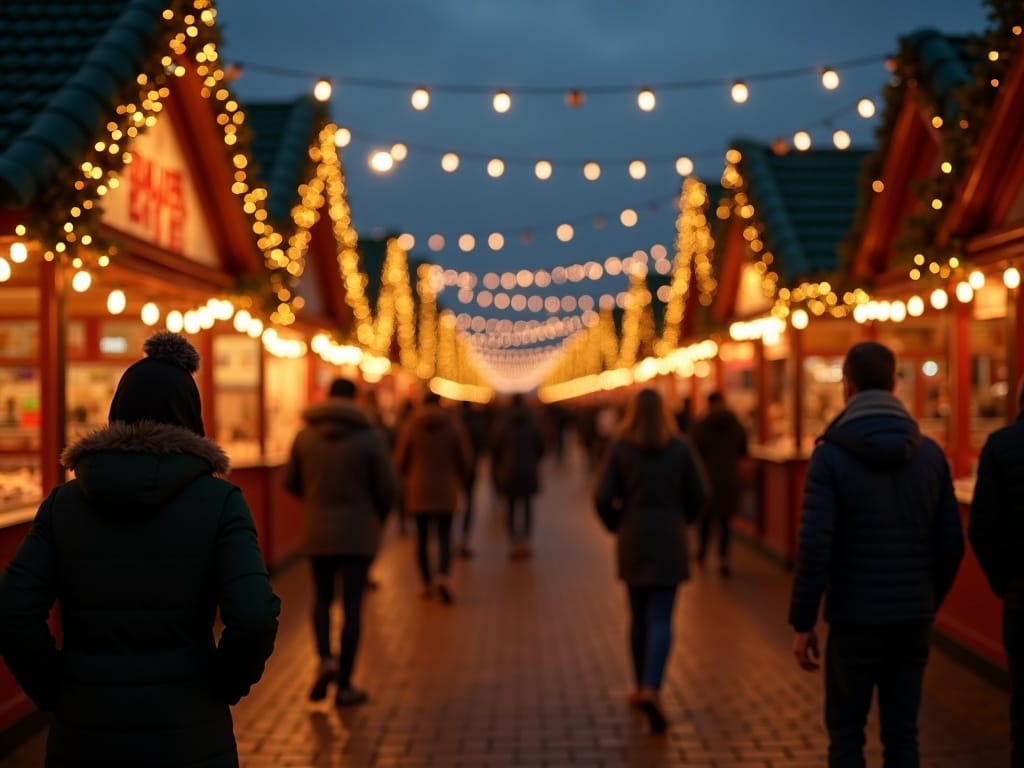 Familia disfrutando un mercado navideño británico con luces festivas