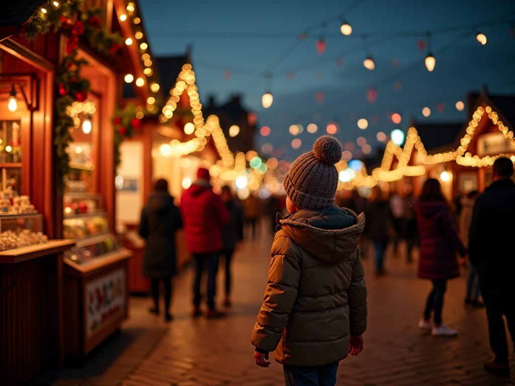 Familia visitando mercado navideño en Reino Unido con luces y decoraciones