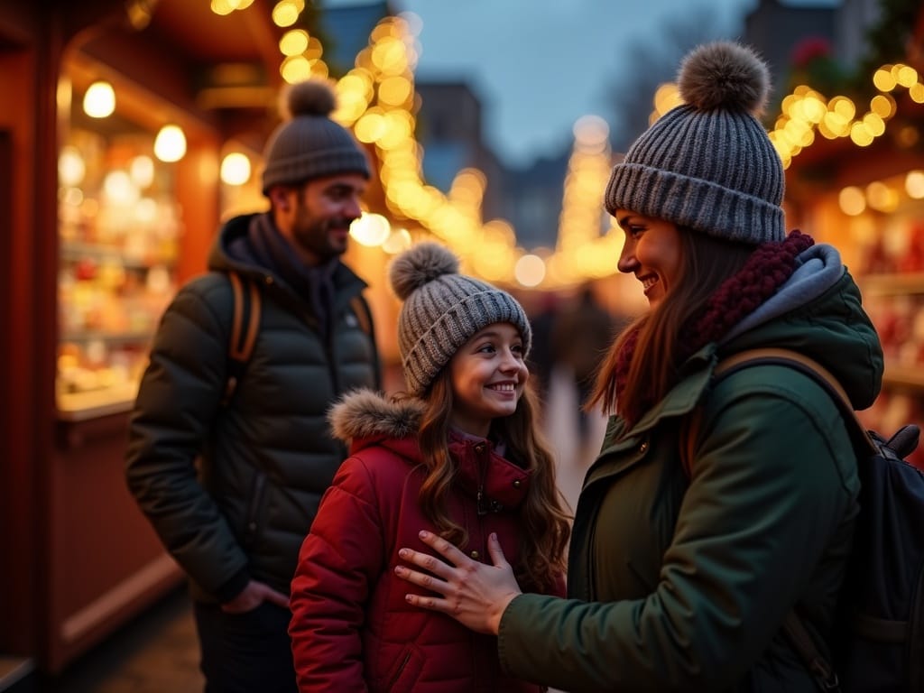 Familia española en mercado navideño del Reino Unido con luces festivas