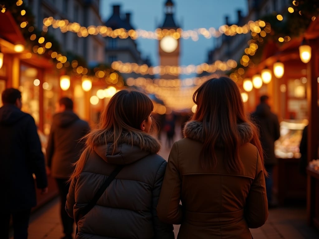Familia española disfrutando de un mercado navideño al aire libre en Reino Unido, luces festivas por la tarde