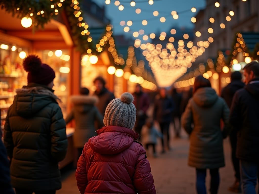 Familia paseando por mercado navideño en Reino Unido con luces festivas
