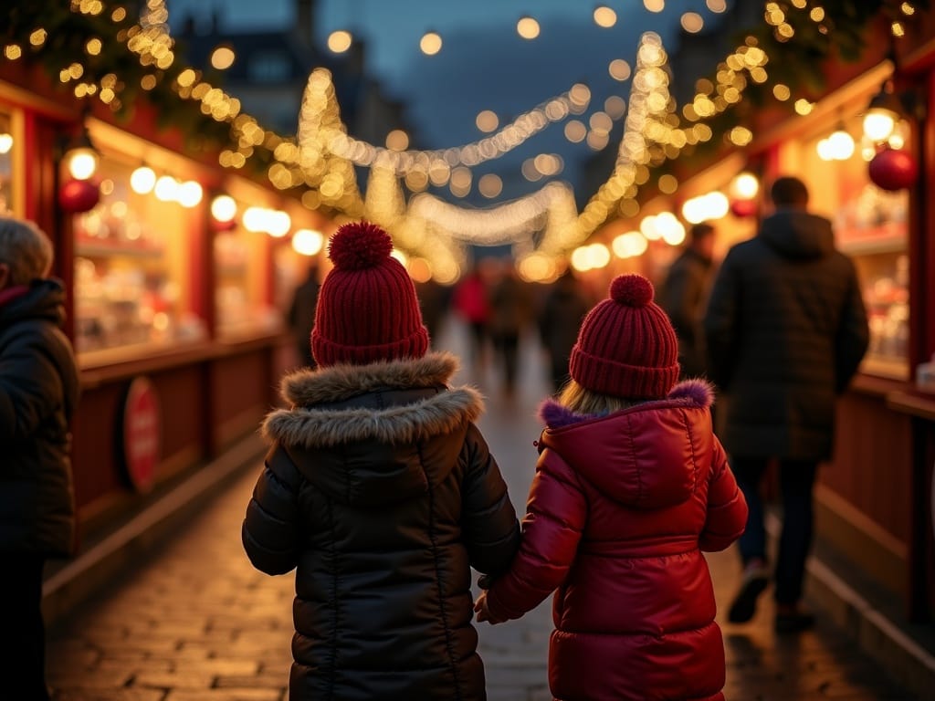 Familia en mercado navideño del Reino Unido con luces festivas por la noche
