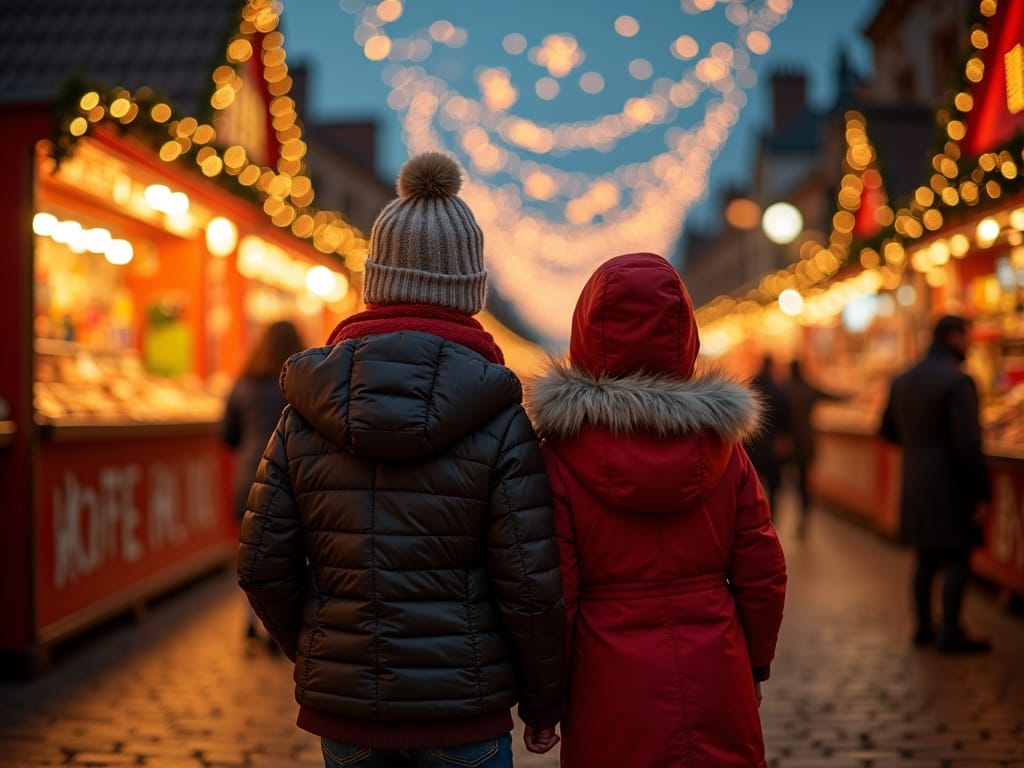 Familia en mercado navideño en Reino Unido con luces festivas y decoraciones