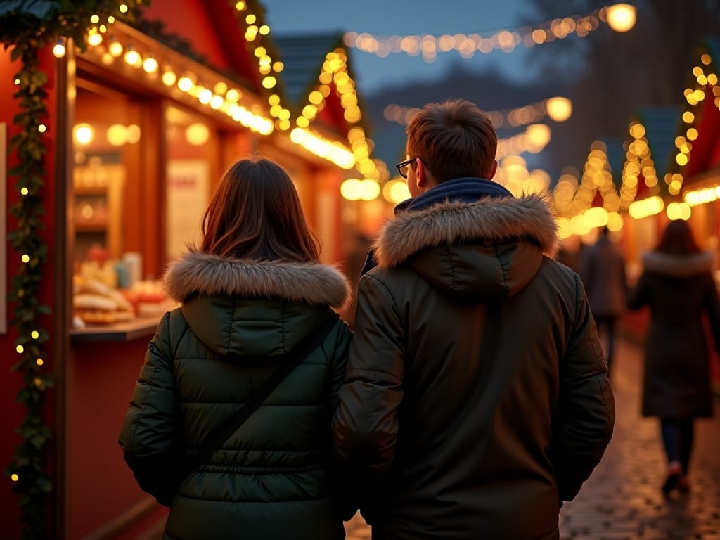 Familia española disfrutando de un mercado navideño al aire libre en Reino Unido por la tarde, con luces festivas