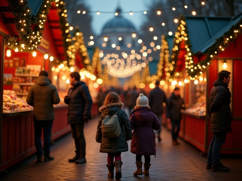 Familia con niños disfrutando de un mercado navideño en Londres iluminado por luces festivas