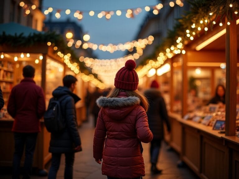 Familia con niños disfrutando un mercado navideño en Londres con luces rojas, verdes y doradas al anochecer