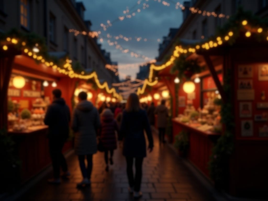 Familia española paseando por mercado navideño del Reino Unido entre luces festivas