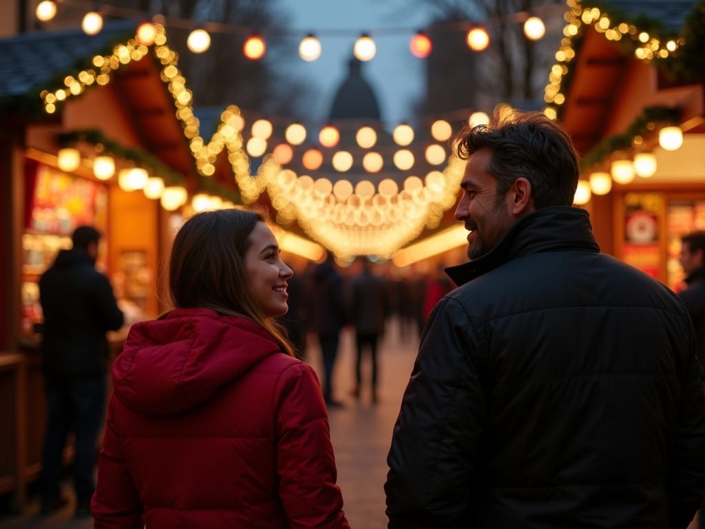Familia visitando mercado navideño en Reino Unido con luces festivas por la tarde