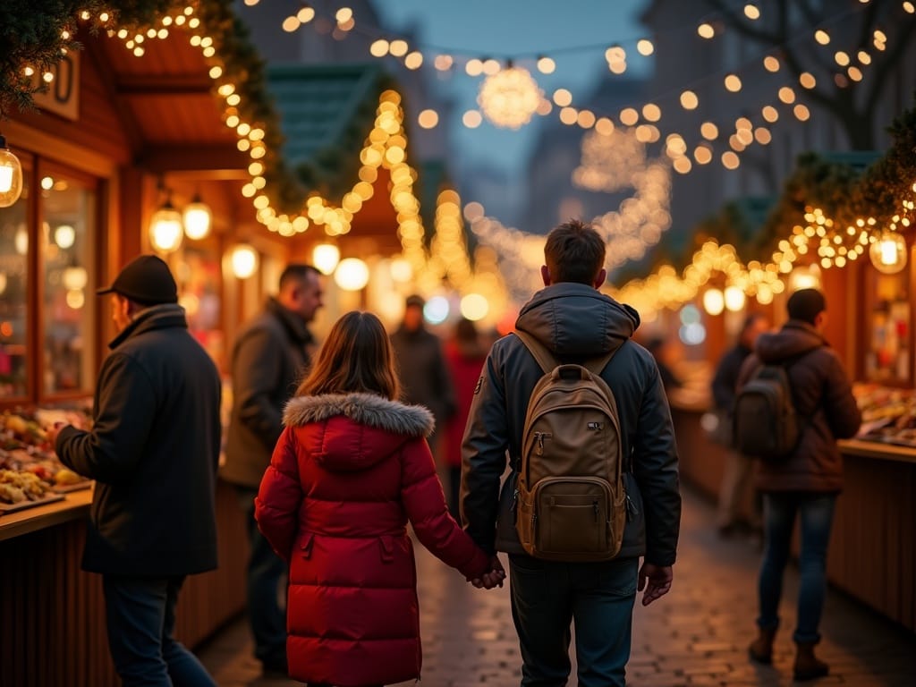 Familia española disfrutando de un mercadillo navideño en el Reino Unido bajo luces festivas