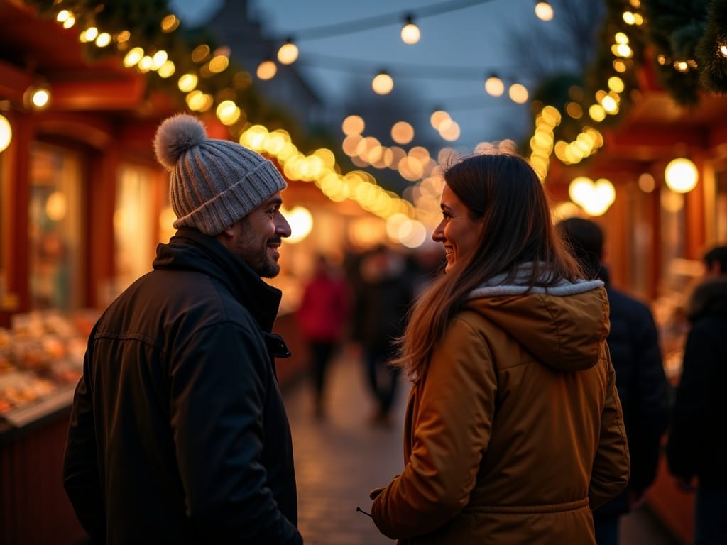 Familia española en mercado navideño en Reino Unido con luces festivas
