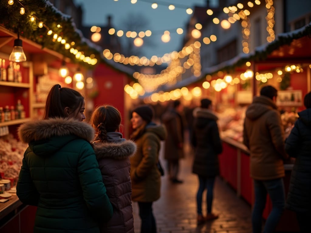 Familia española en mercado navideño del Reino Unido con luces festivas y ambiente nocturno