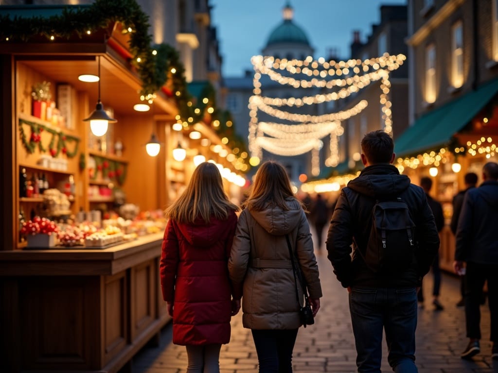 Familia disfrutando de un mercado navideño en Londres con luces rojas, verdes y doradas por la tarde