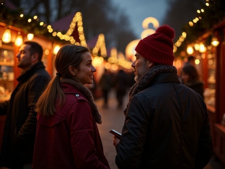 Familia disfrutando de un mercado navideño en Reino Unido con luces festivas por la tarde