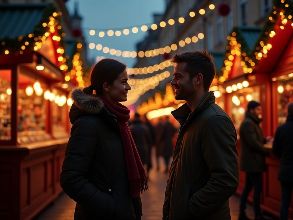 Familia disfrutando de mercado navideño al aire libre en Reino Unido con luces festivas