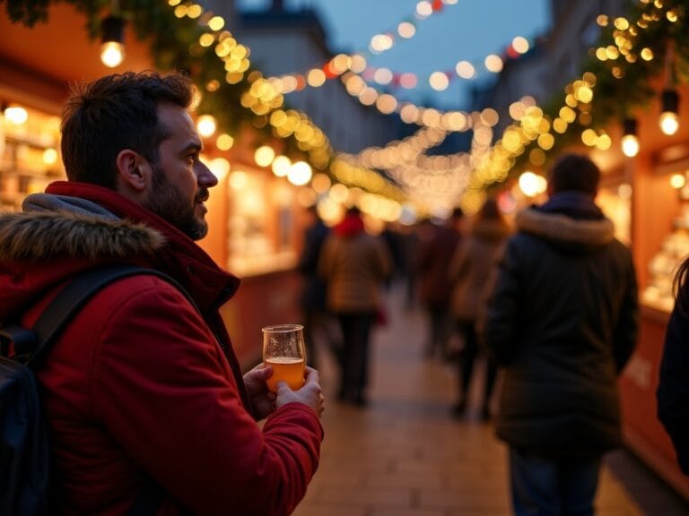 Familia disfruta de un mercado navideño en el Reino Unido con luces brillantes