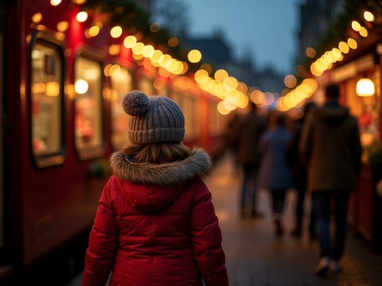 Familia disfrutando de mercado navideño en Reino Unido con luces festivas por la tarde