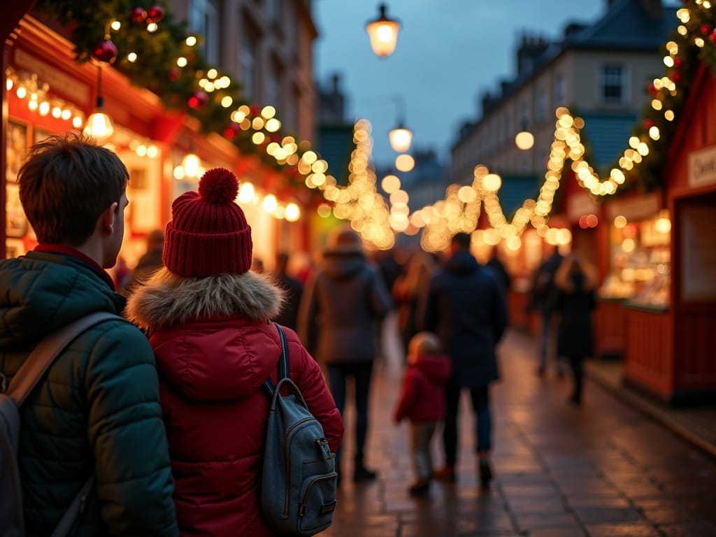 Familia española disfrutando de un mercado navideño en Escocia con luces y puestos festivos