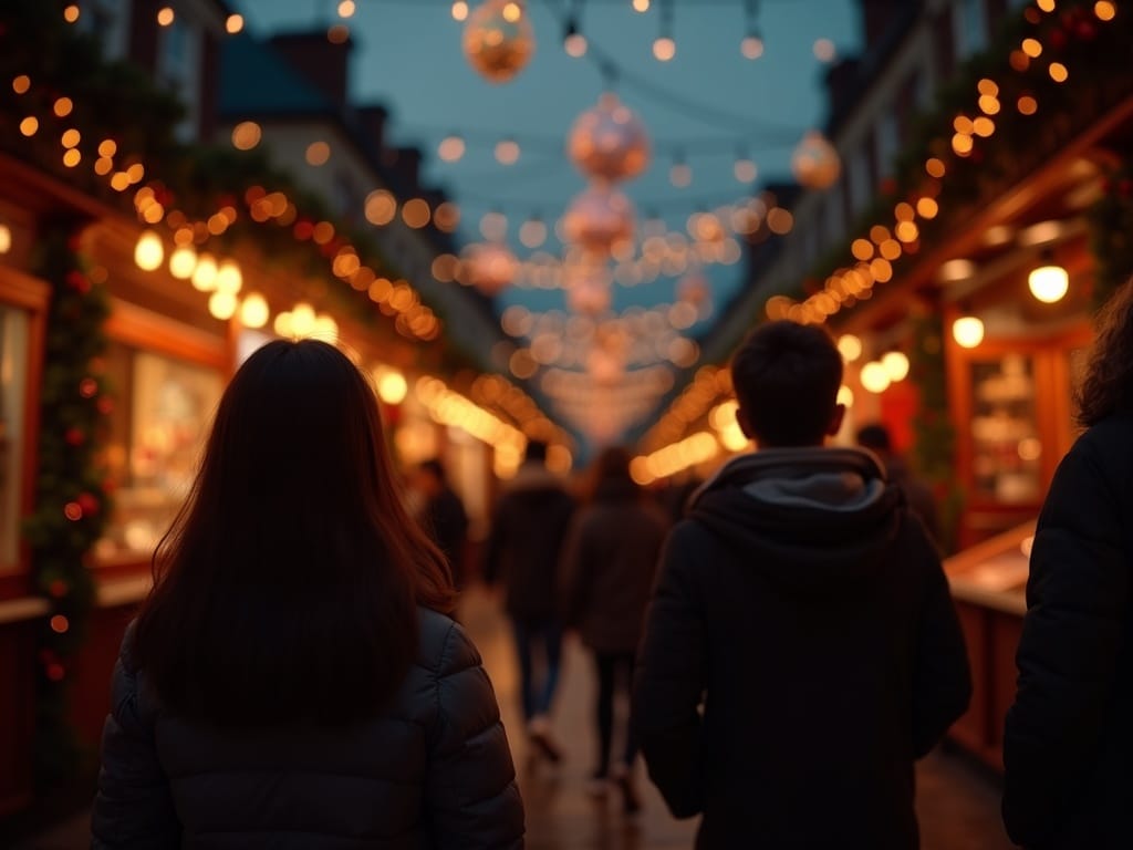 Familia española disfruta de un mercado navideño en Reino Unido con luces festivas