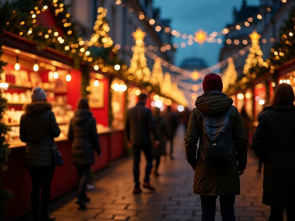 Familia visitando un mercado navideño en Reino Unido con luces festivas por la noche