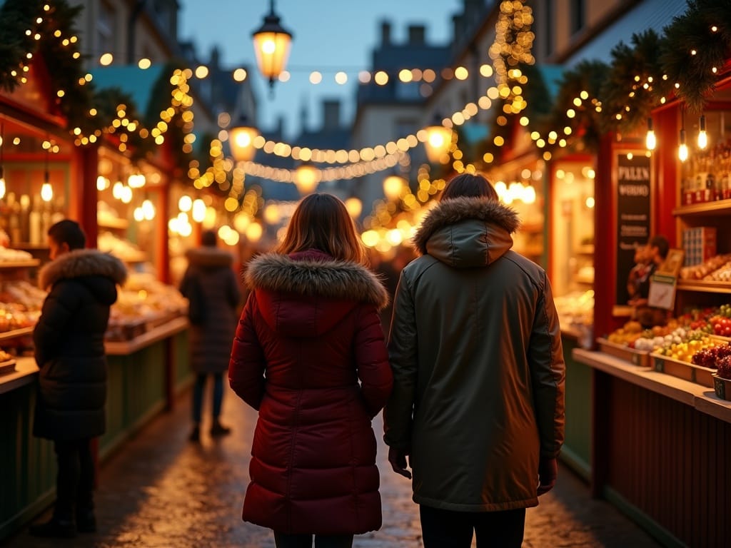 Familia disfrutando del mercado navideño en Reino Unido con luces y decoraciones por la tarde