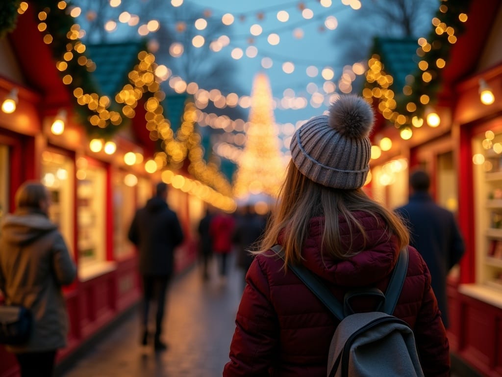 Familia española en mercado navideño de Londres con luces festivas