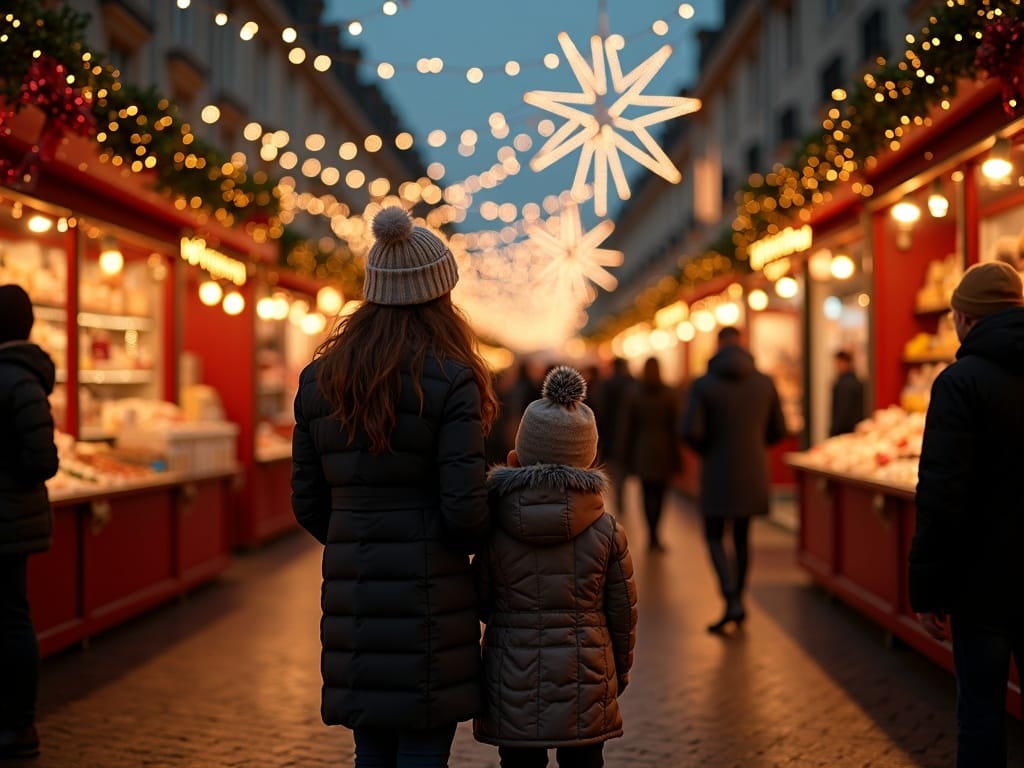 Familia española en mercado navideño de Londres con luces festivas