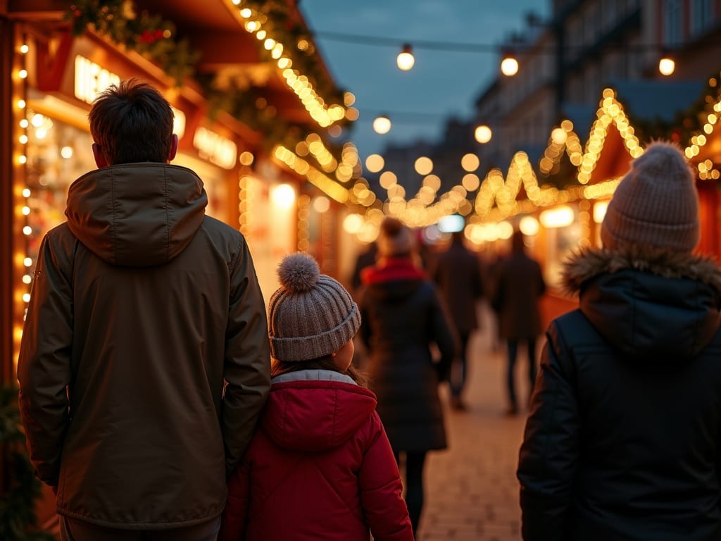 Familia española disfrutando de un mercado navideño en Reino Unido con luces festivas al anochecer