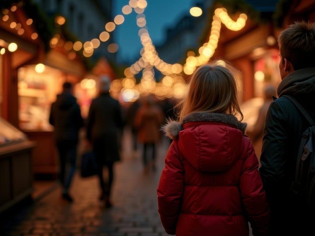 Familia española comprando en mercado navideño del Reino Unido con luces festivas