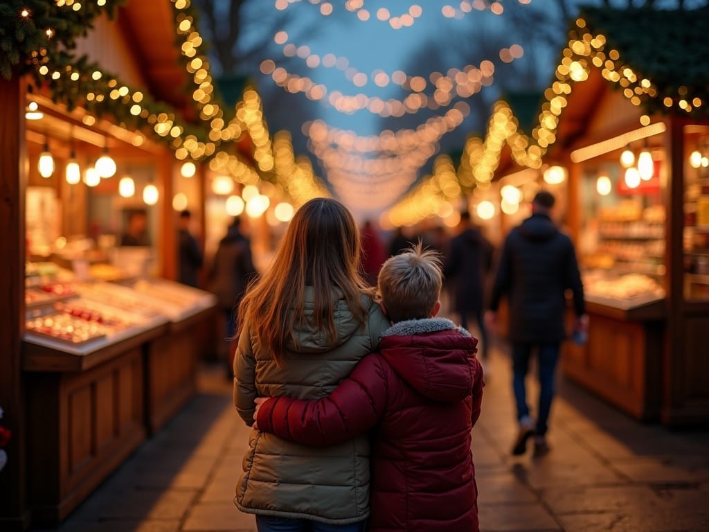 Familia española en mercado navideño del Reino Unido bajo luces festivas