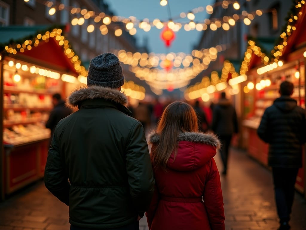 Familia española disfrutando de un mercado navideño en Londres con luces brillantes por la tarde