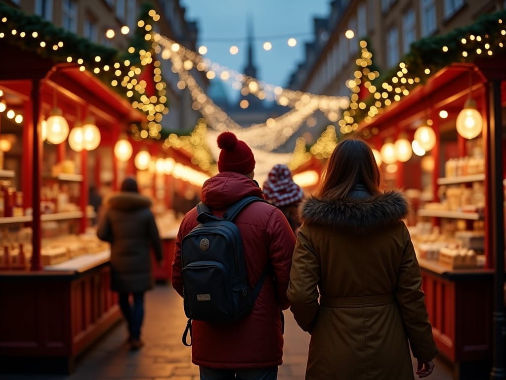 Familia española en mercado navideño londinense entre luces y decoraciones festivas