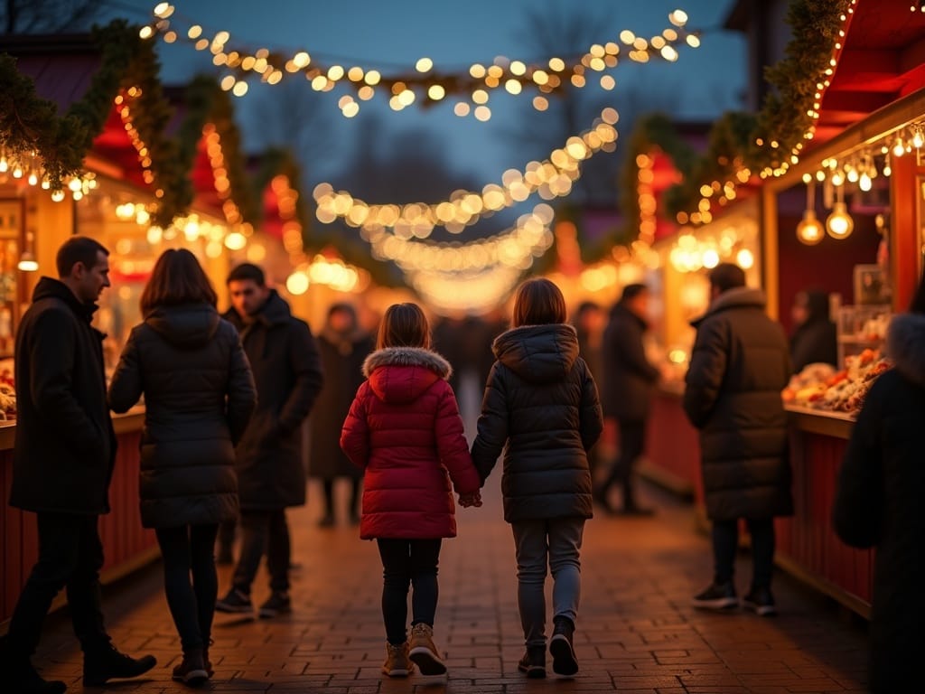 Familia disfrutando de un mercado navideño al aire libre en Reino Unido con luces festivas por la noche
