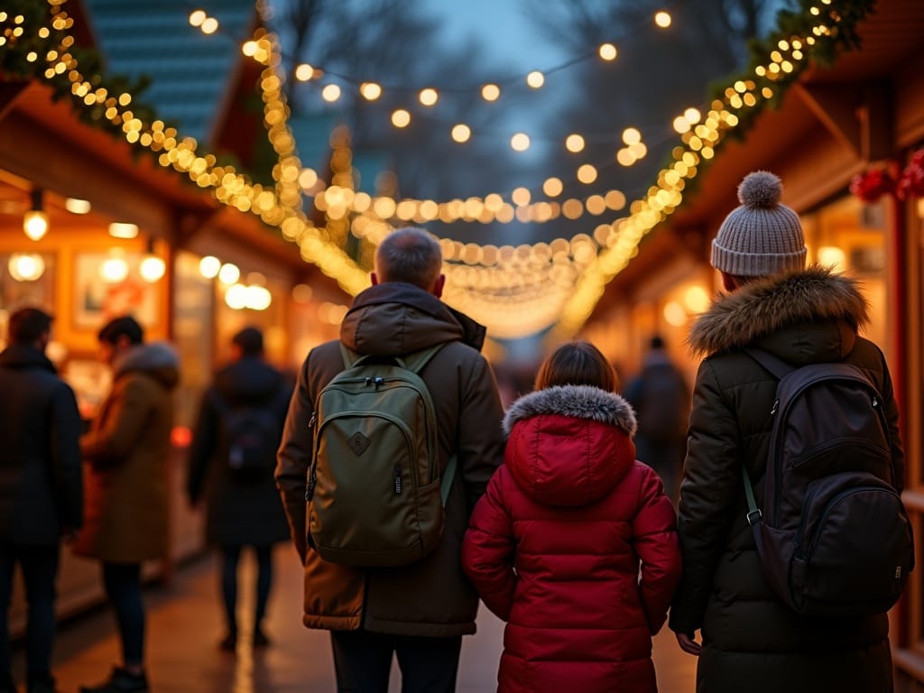 Familia disfruta un mercado navideño en Reino Unido con luces y decoraciones