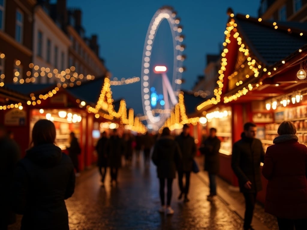 Familia española disfruta del mercado navideño en Londres con luces festivas por la tarde