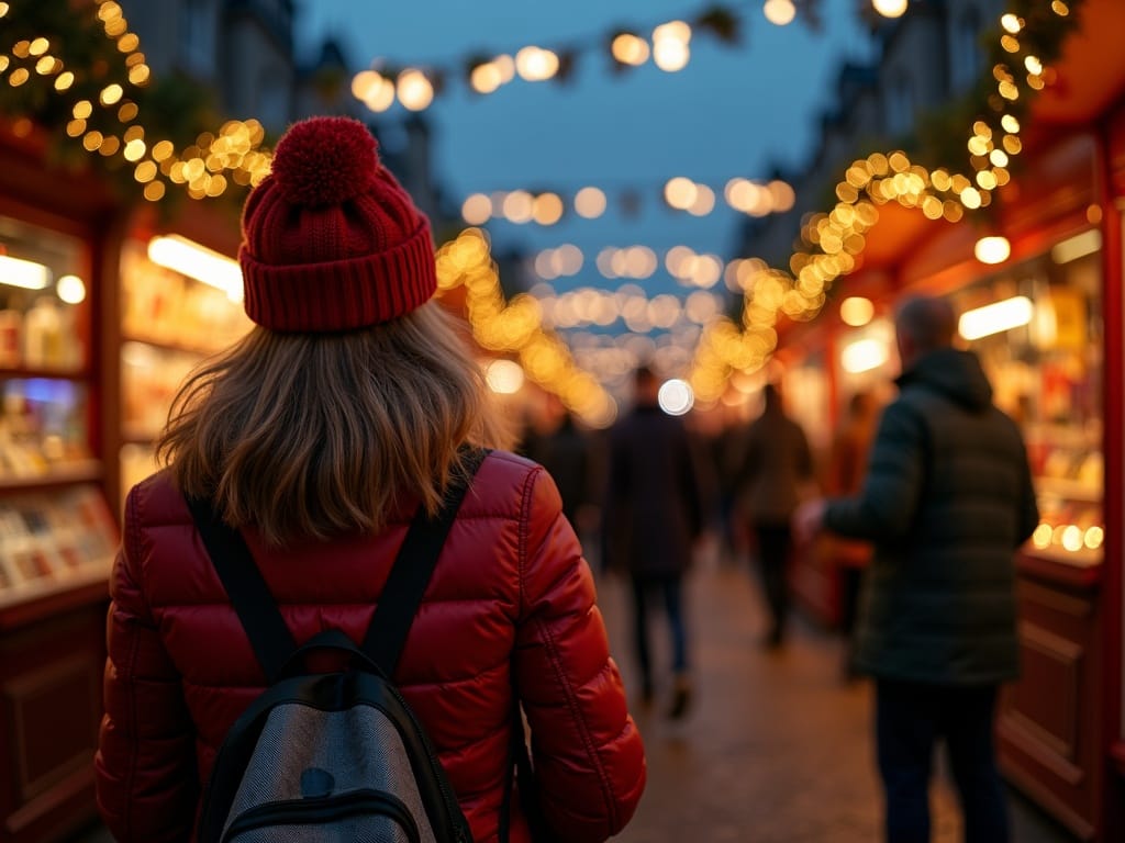 Familia española visitando un mercadillo de Navidad en Londres con luces festivas en la noche