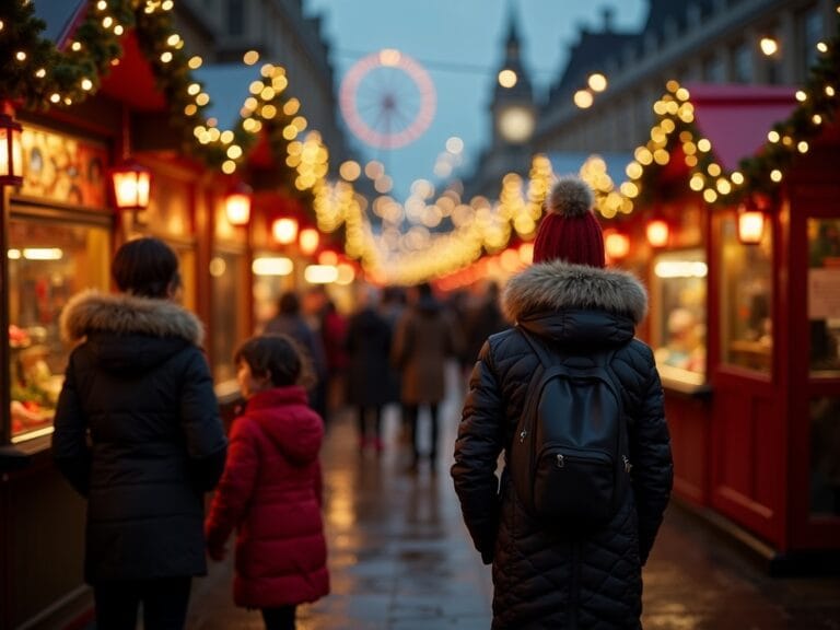 Familia española disfrutando de un mercado navideño en Londres con luces y puestos festivos