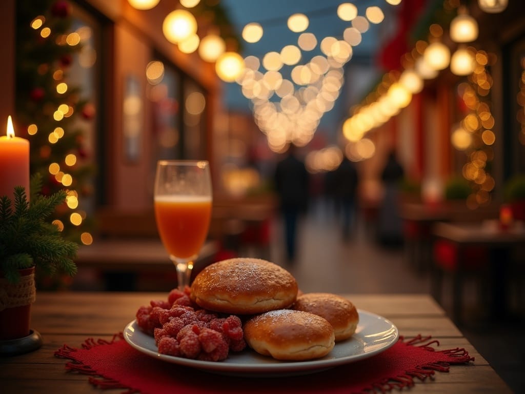Familia española visitando un mercado navideño en Reino Unido con luces festivas al anochecer