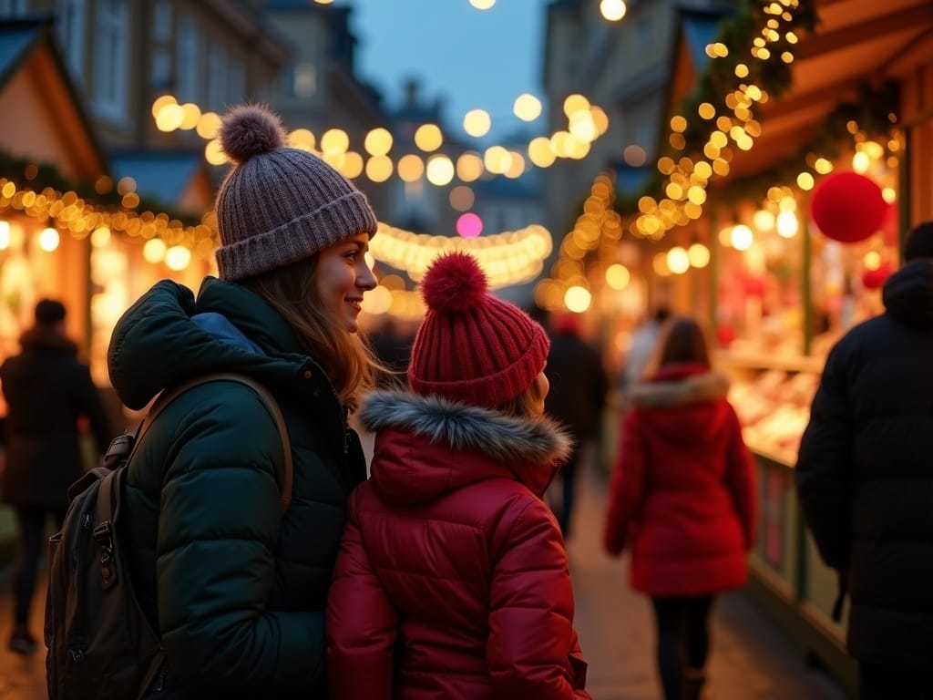 Familia española visitando un mercado navideño en el Reino Unido con luces festivas por la tarde